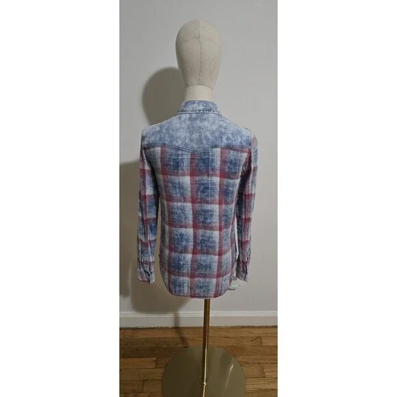 Pull & Bear Women's Small Plaid Western Button Up Flannel Lined Shirt Top Denim - Picture 4 of 16